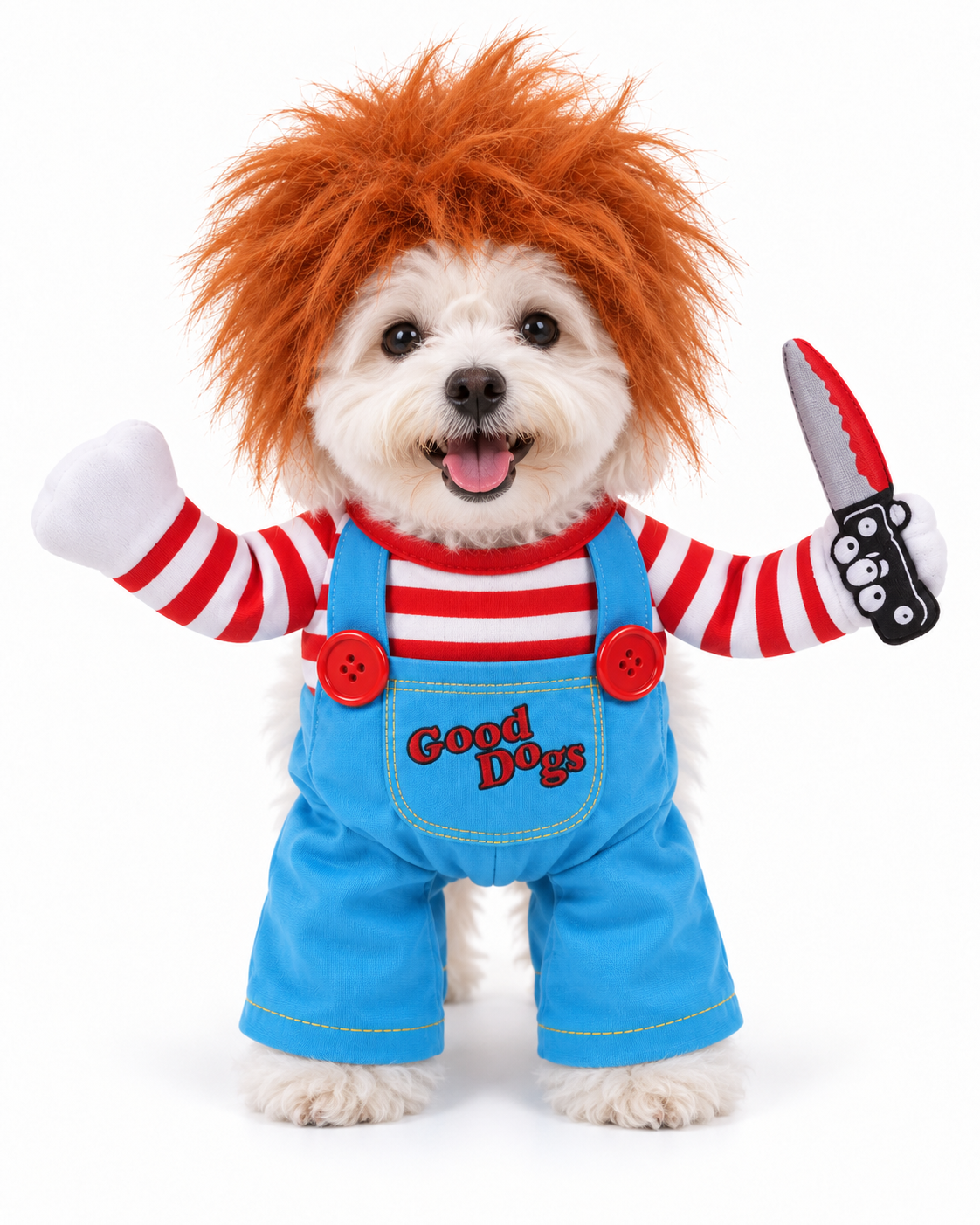 Pet wearing the Vintage Rag-Doll Costume with striped shirt, overalls, and red hair