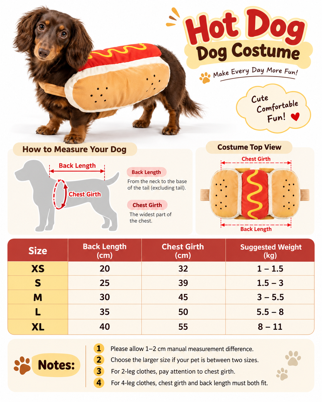 Soft lightweight Hot Dog Bun Costume with a secure fit