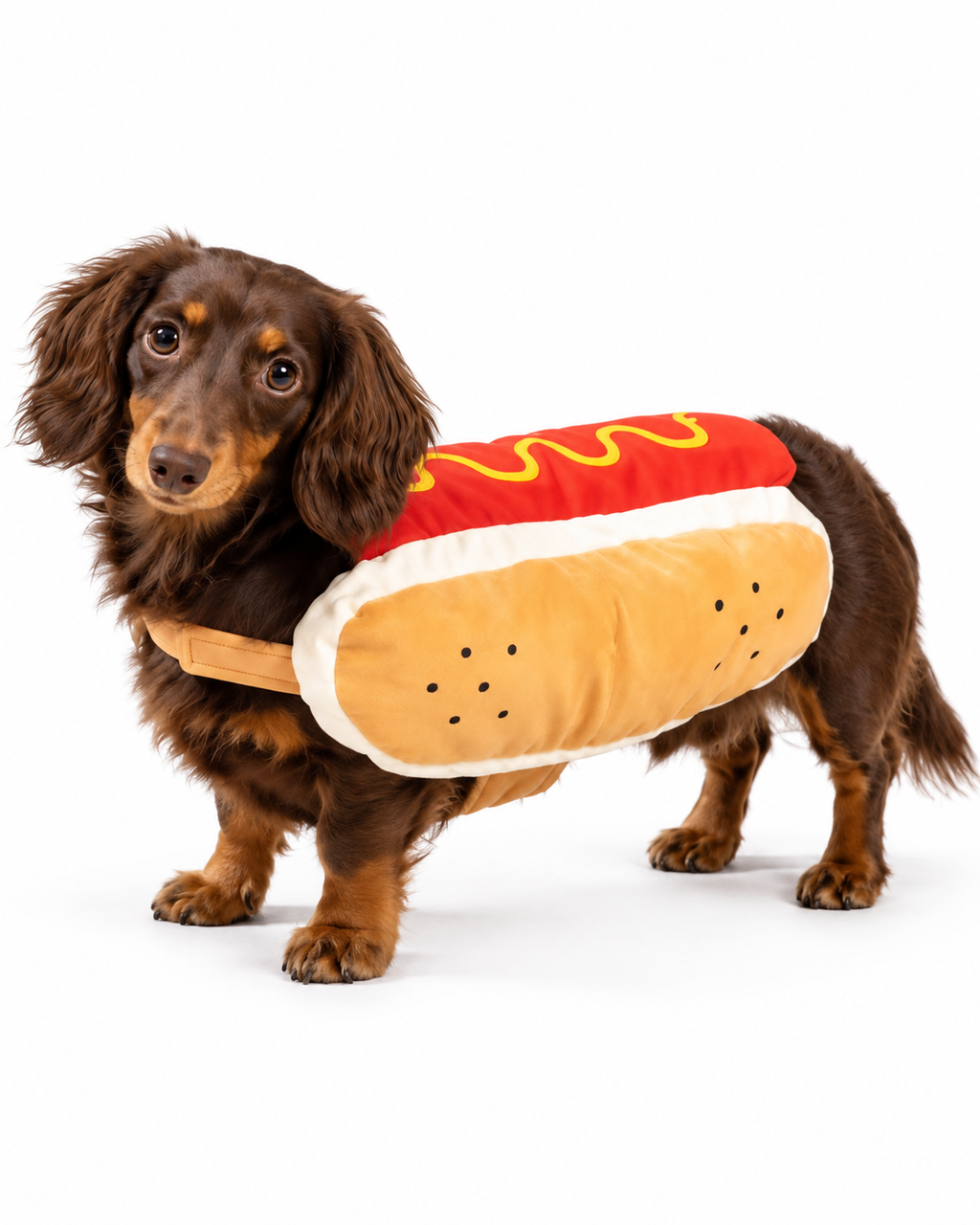 Dog wearing the Hot Dog Bun Costume with a fully loaded bun design