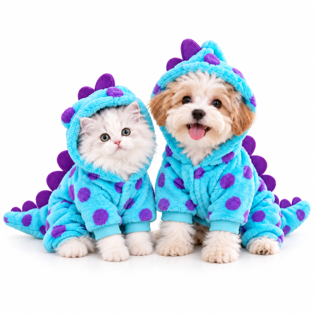 Pet wearing the spotted Spiky Dino Romper with a hood and back spikes