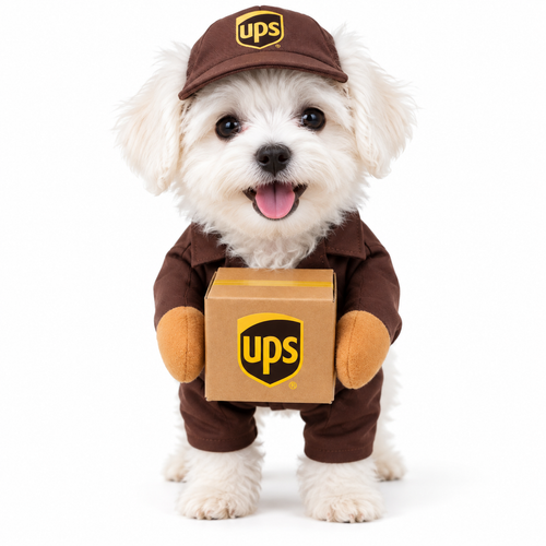 Dog wearing the Delivery Driver Costume with a cap and box prop