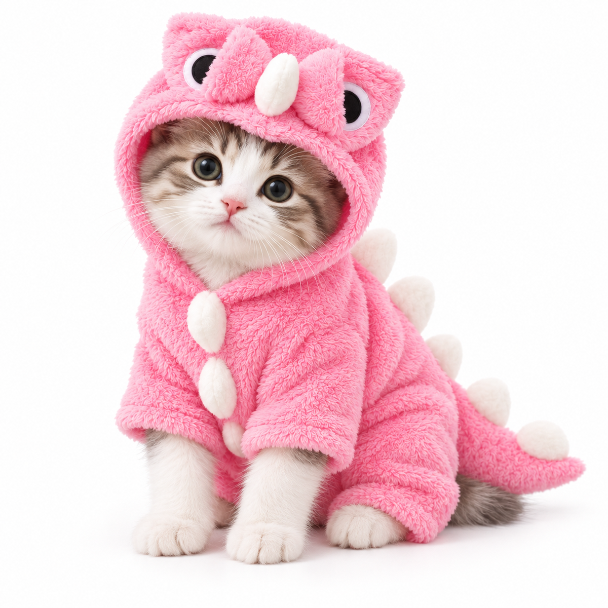 Small pet wearing the Baby Dino Jumpsuit with round hood eyes