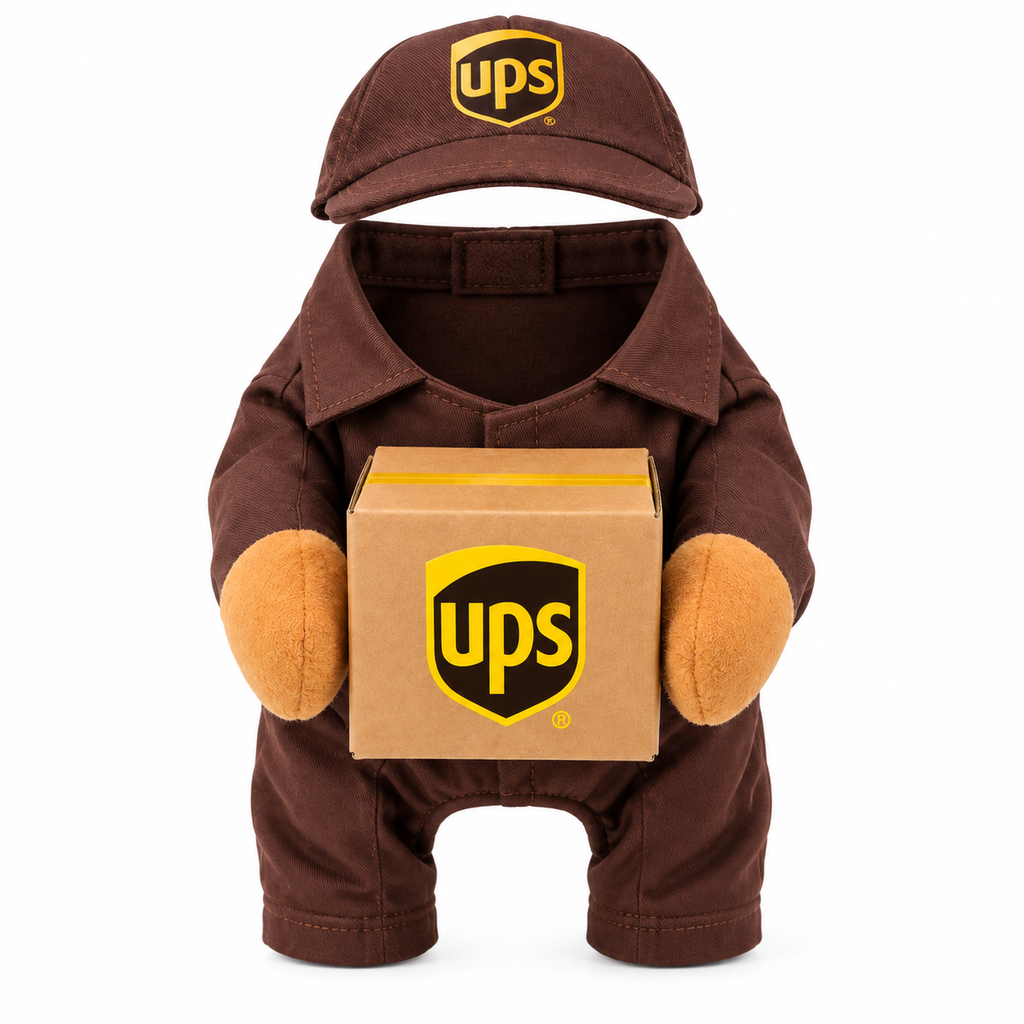 Delivery Driver Costume displayed on a dog with a cap and box prop