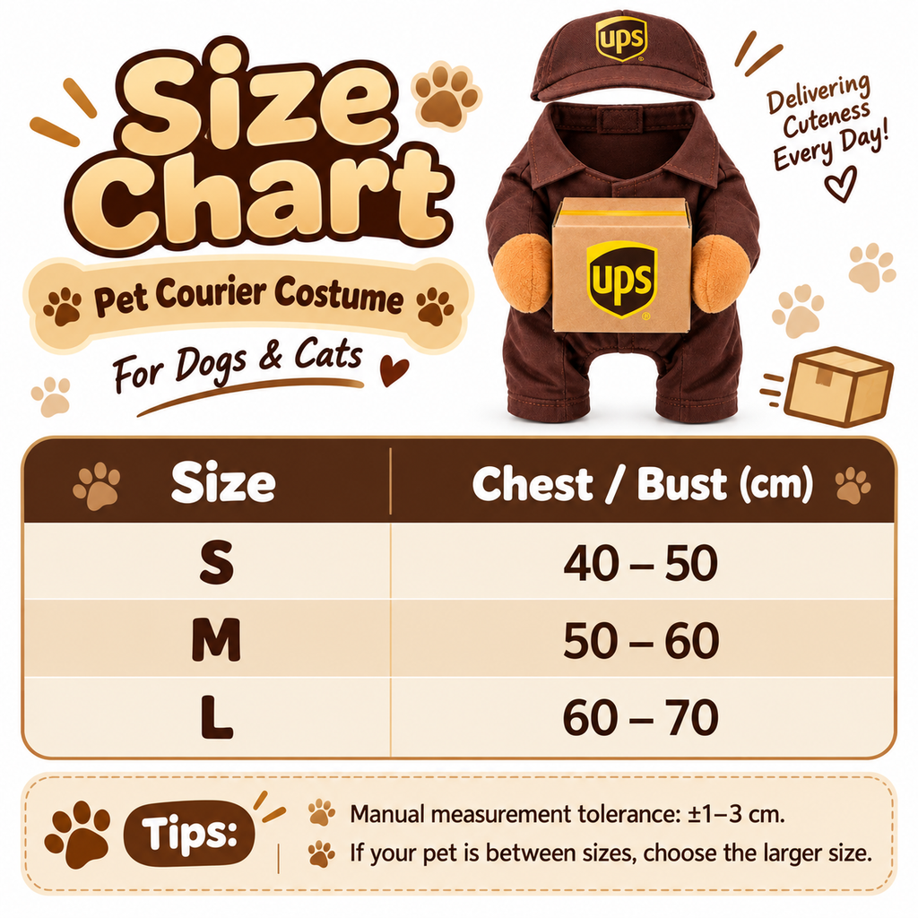 Brown courier-style dog costume with matching cap and box prop